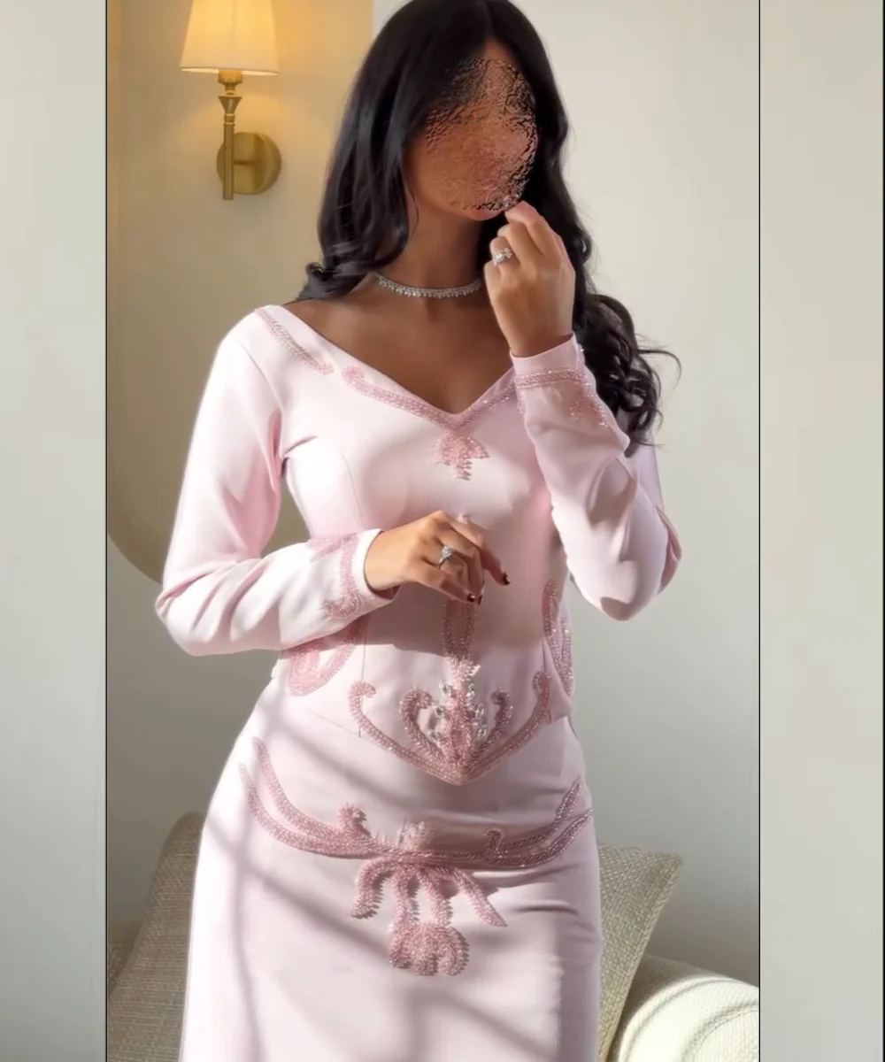 

Customized Elegant Jersey Pleat Sequined Pattern A-line V-neck Midi Bespoke Occasion Prom Dresses High Quality