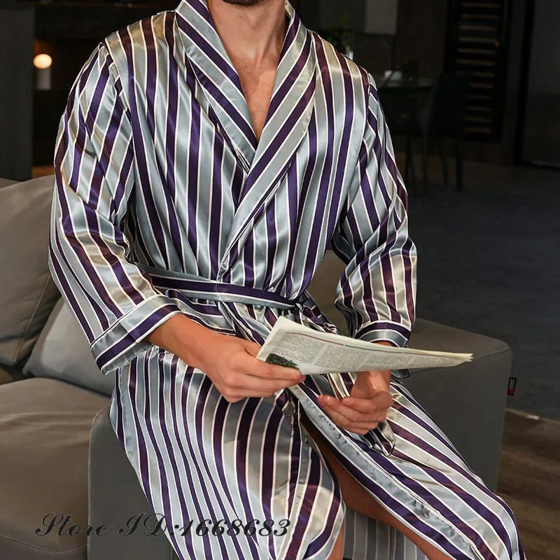 新しい男性ローブポケット春夏男性パジャマ着物バスローブガウンルーズカジュアルシルクサテンホームウェア部屋着ランジェリー