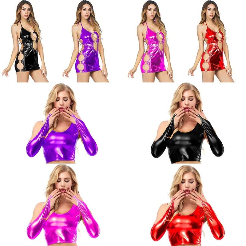 

Sexy Women Pu Leather Bikini Tank High Waist Crop Tight Fitting Tops Sling Shiny Dance Clubwear Summer Beach Exotic Vest New