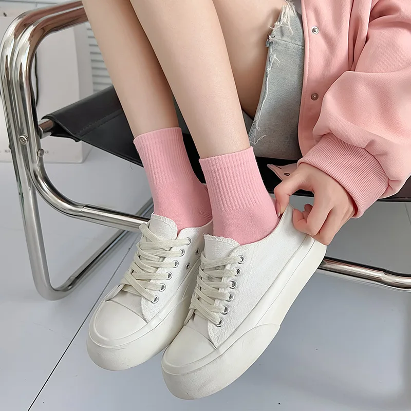 Women\'s Solid Color Mid-tube Socks Spring and Summer Thin Breathable Cotton Socks White Summer Candy Socks