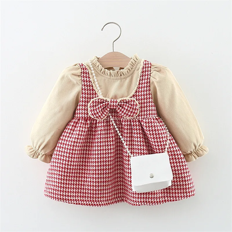 Spring and Autumn Girl Baby Dress Bag 2 Pieces/Set Girl\'s Thousand Bird Plaid Fake 2 Pieces Long sleeved Strap Dress