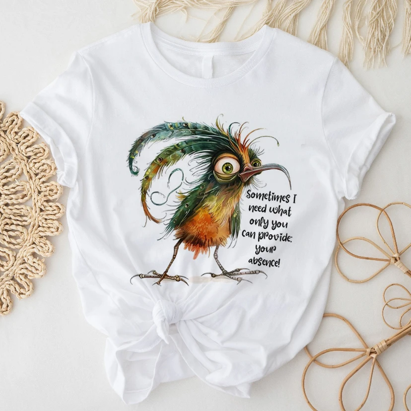 Watercolor Cute T-Shirt Bird Graphic Printed Summer Leisure Versatile Women's Top Basic Trendy O-Neck Short Sleeve T-Shirt