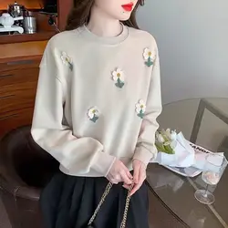 Nuovo stile primavera e autunno donna Splicing o-collo maniche lunghe allentato floreale coreano pullover moda Casual pendolari top