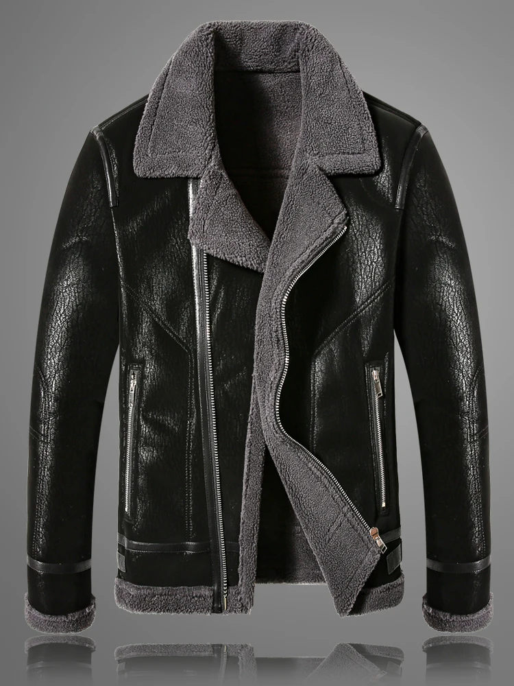 

Мужская зимняя куртка с воротником из овчины, утепленная флисом, повседневная, большого размера, хлопковая, с кожаными и меховыми вставками