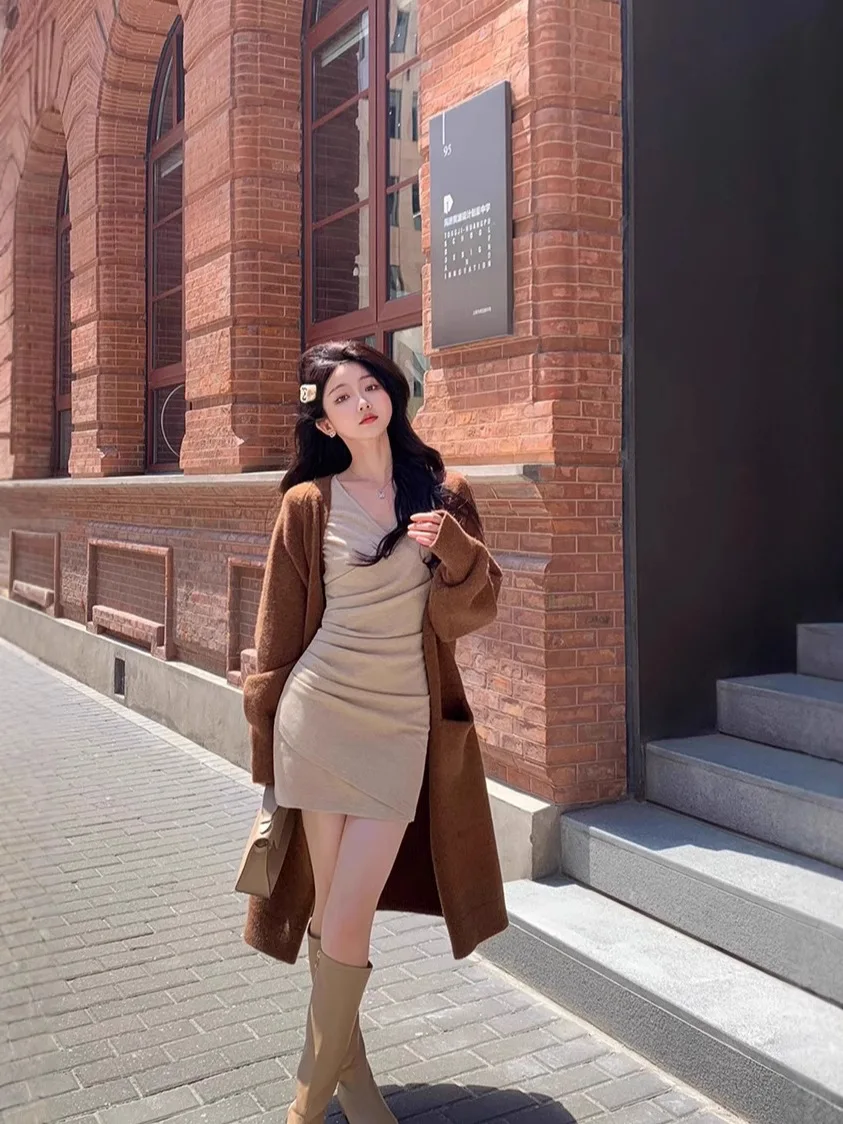 Jurken Damesjurk Lange mouwen Lente Satijn Halter Hals Ruches Getailleerde tailleband Artistiek Sensueel Clubwear Chic Unieke pasvorm