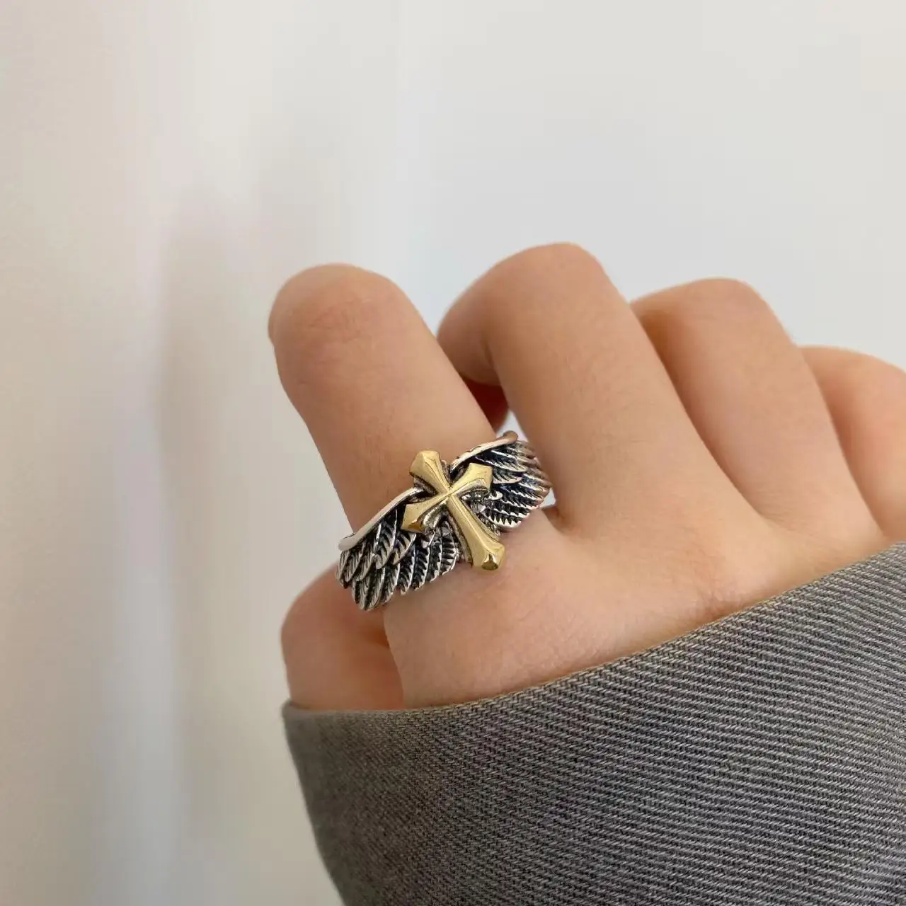 Vintage Wings Cross Ring Men's and Women's Opening Adjustable Graffiti Ring