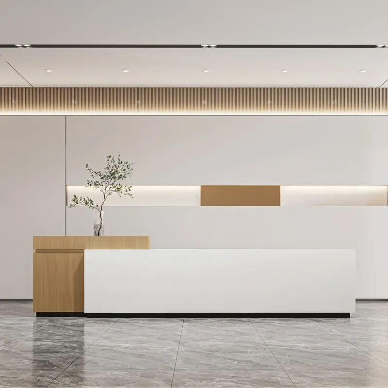 Modern L-Shaped Marble Slate Checkout Counter, Corner Reception Bar Desk for Hotel Property Company Front Desk Business Use
