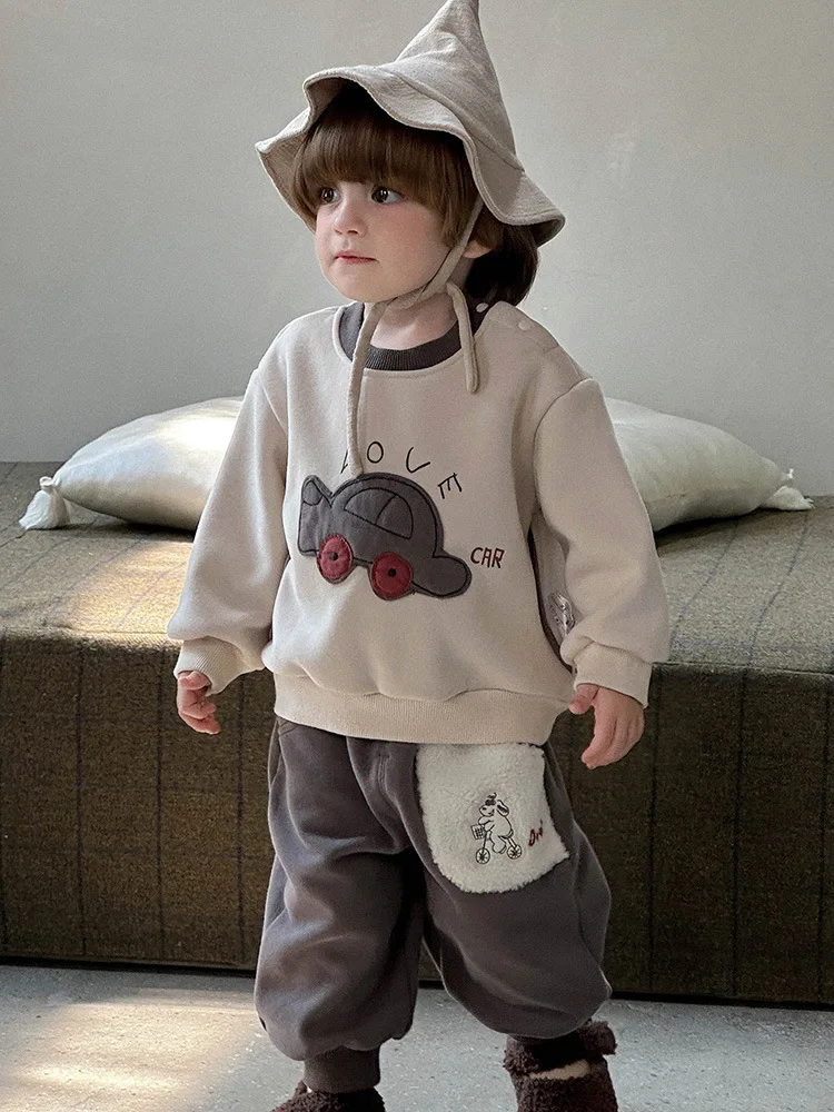 

Baby Clothes Winter Fleece Sweatshirt Set aInfant Toddler Versatile Cartoon Top Boys Two-Piece Set