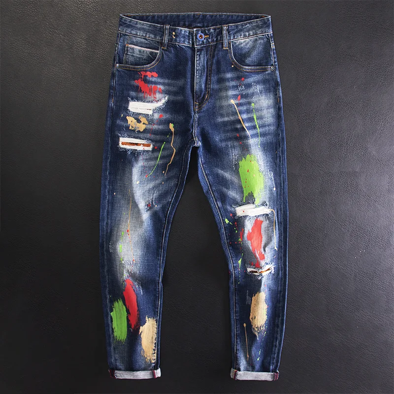 

Spray Paint Printed Graffiti Ripped Jeans for Men Slim Fit Small Feet Personality Trendy Street Denim Pants