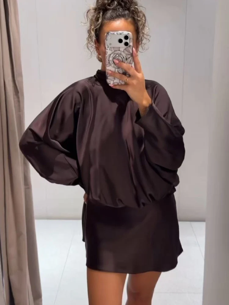 TFMLN – Mini robe en Satin pour femmes, écharpe décorée, élégante, chauve-souris, manches longues, légère, luxe, taille haute, Slim, robe de soirée, mode, nouveau