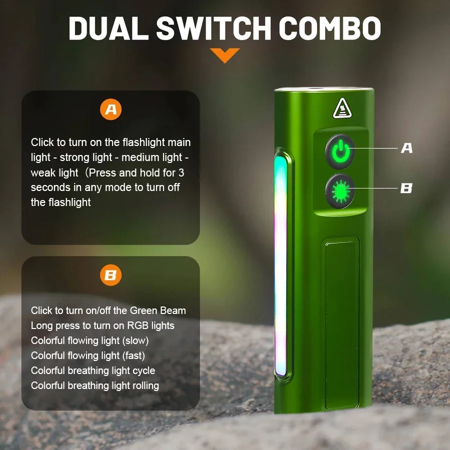 EDC Flat LED Flashlight USB Rechargeable with Green Lantern Outdoor Waterproof Lamp Side Lighting RGB Lights for Camping Hiking