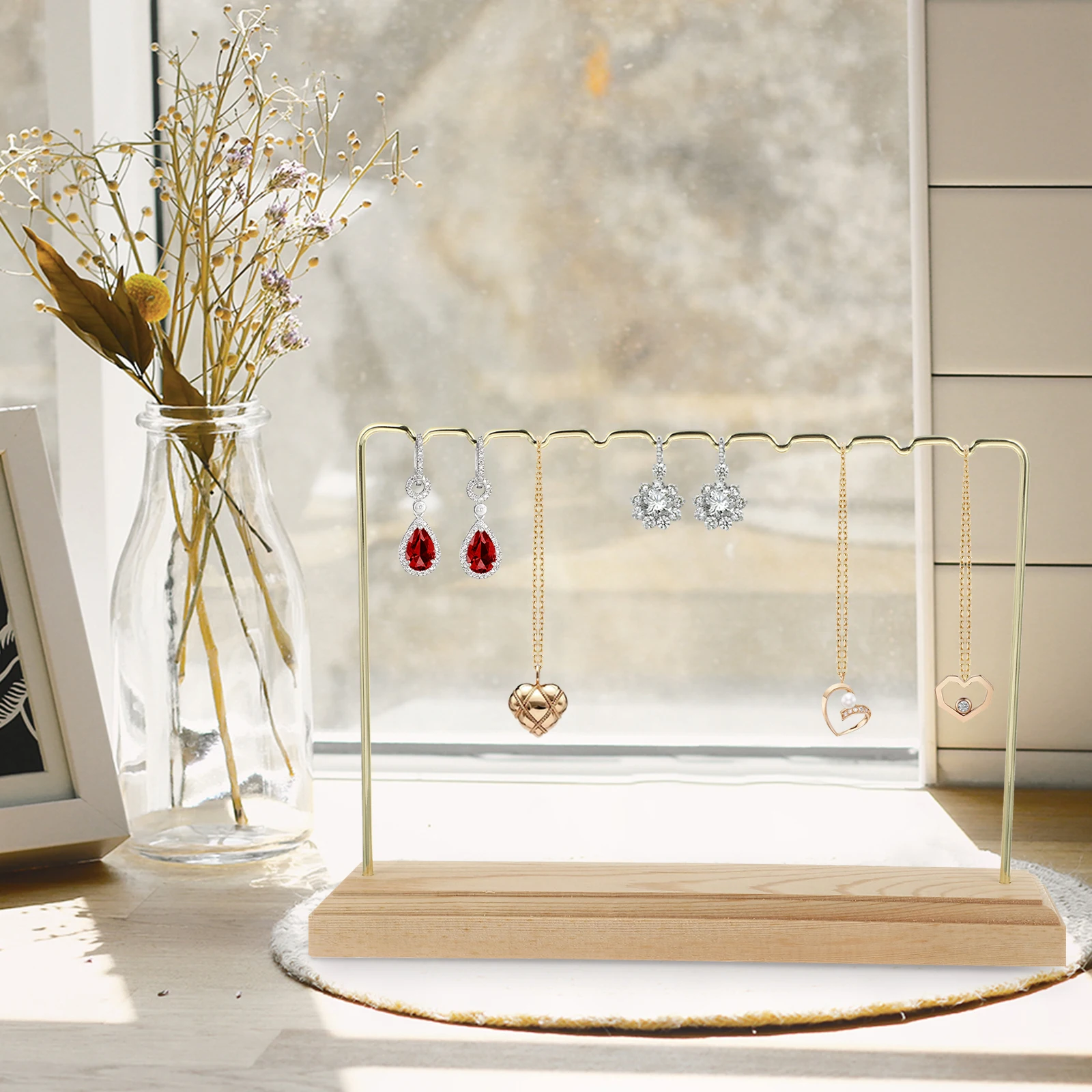 

Display Stand Wooden Jewelry Holder Organizer For Earrings Studs Drops Bedside Table Decor Smooth Surface Anti-Slip Base Wood