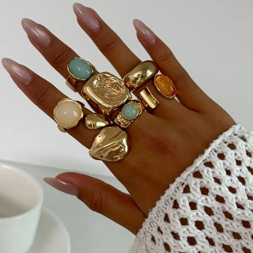 DIEZI 7pcs/set Vintage Multicolor Acrylic Rings For Women Men Punk Irregular Geometric Metal Open Knuckle Joint Ring Jewelry
