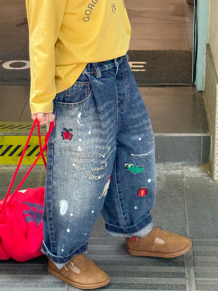 

2025 Autumn New Children Denim Trousers Cartoon Embroidery Girls Harem Pants Boys Versatile Casual Pants Kids Toddler Clothes