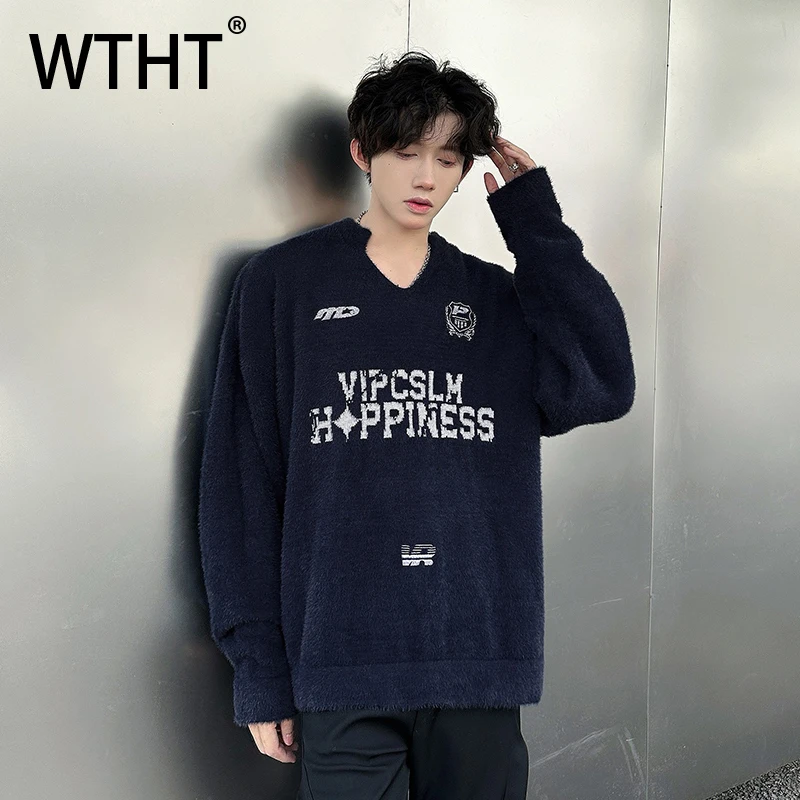 

Мужской свитер WTHT с принтом-буквой, вязаный, с контрастными вставками, модный, с V-образным вырезом, длинными рукавами, свободный пуловер, мужской, зима 2025, 2A2592