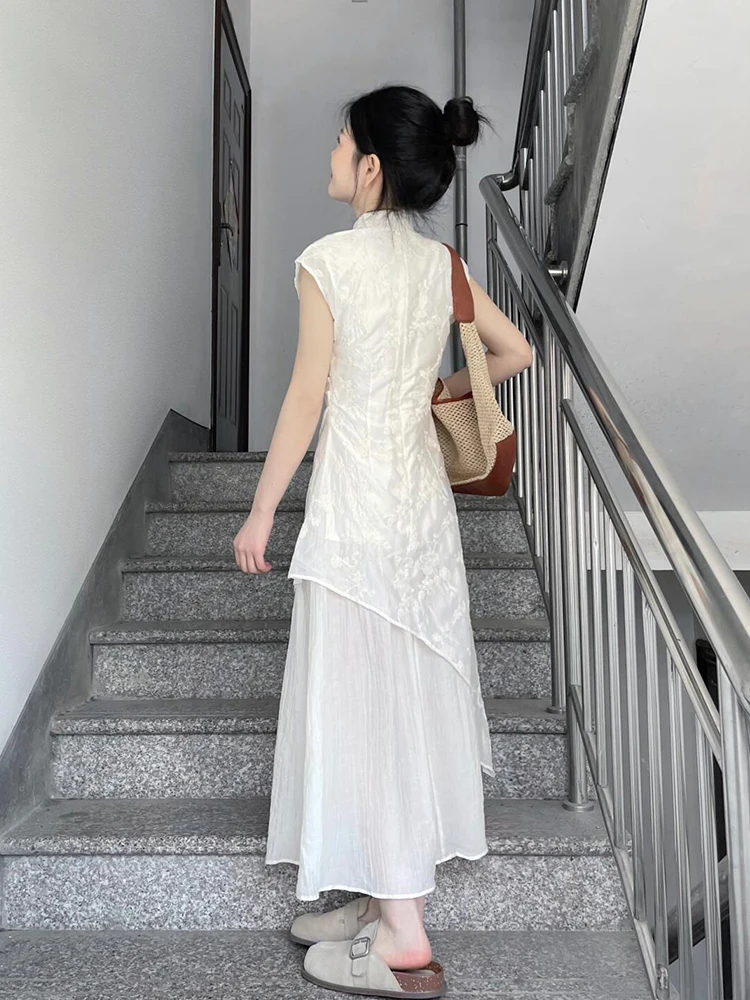 جديد الصينية Sle المطرزة الدكتور المرأة الصيف تصميم الإحساس غير المستوية الخصر Cinching التخسيس الجنية تنورة طويلة