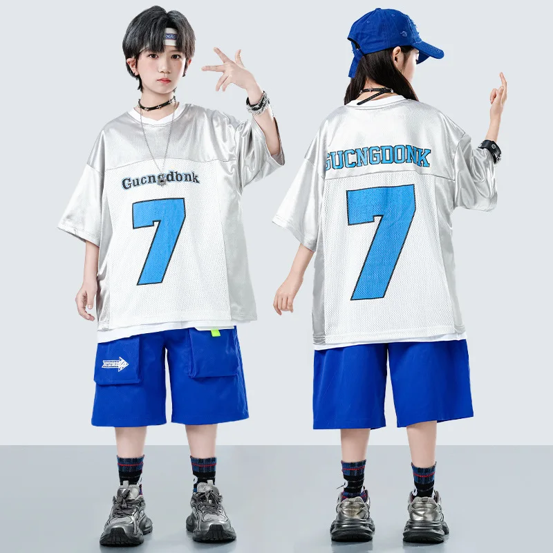 Boys Hip Hop Silver Shiny T Shirts Street Dance Cargo shorts Girls Cool Streetwear Kids Jazz Clothes Sets Children Shiny Costume