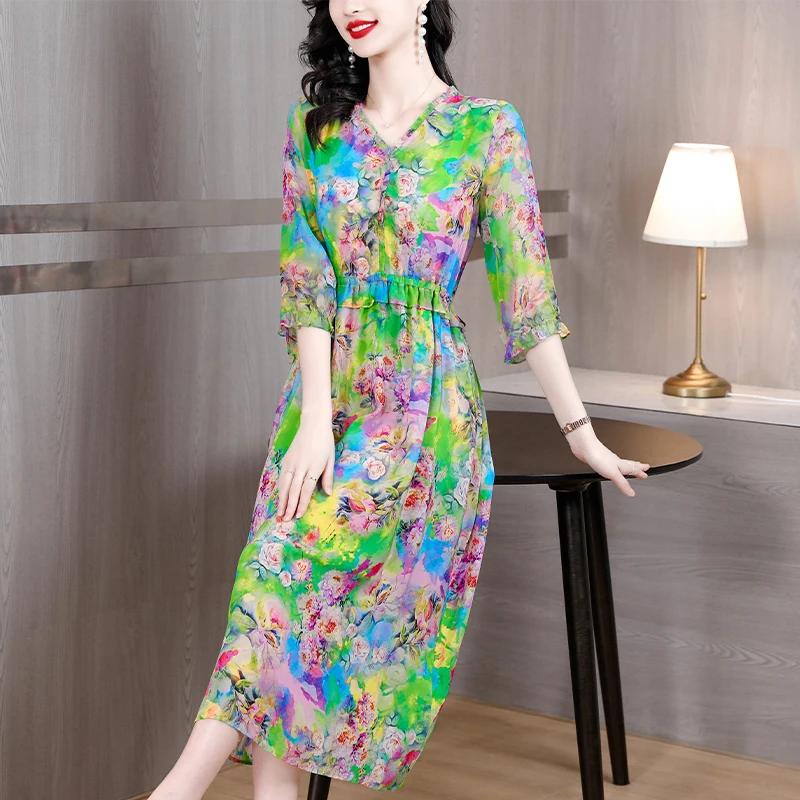 Sommer Blumen natürliche Seide Schmetterling Ärmel Midi Kleid Frauen Mode leicht gekräuselt V-Ausschnitt Strand kleid koreanischen eleganten Abschluss ball