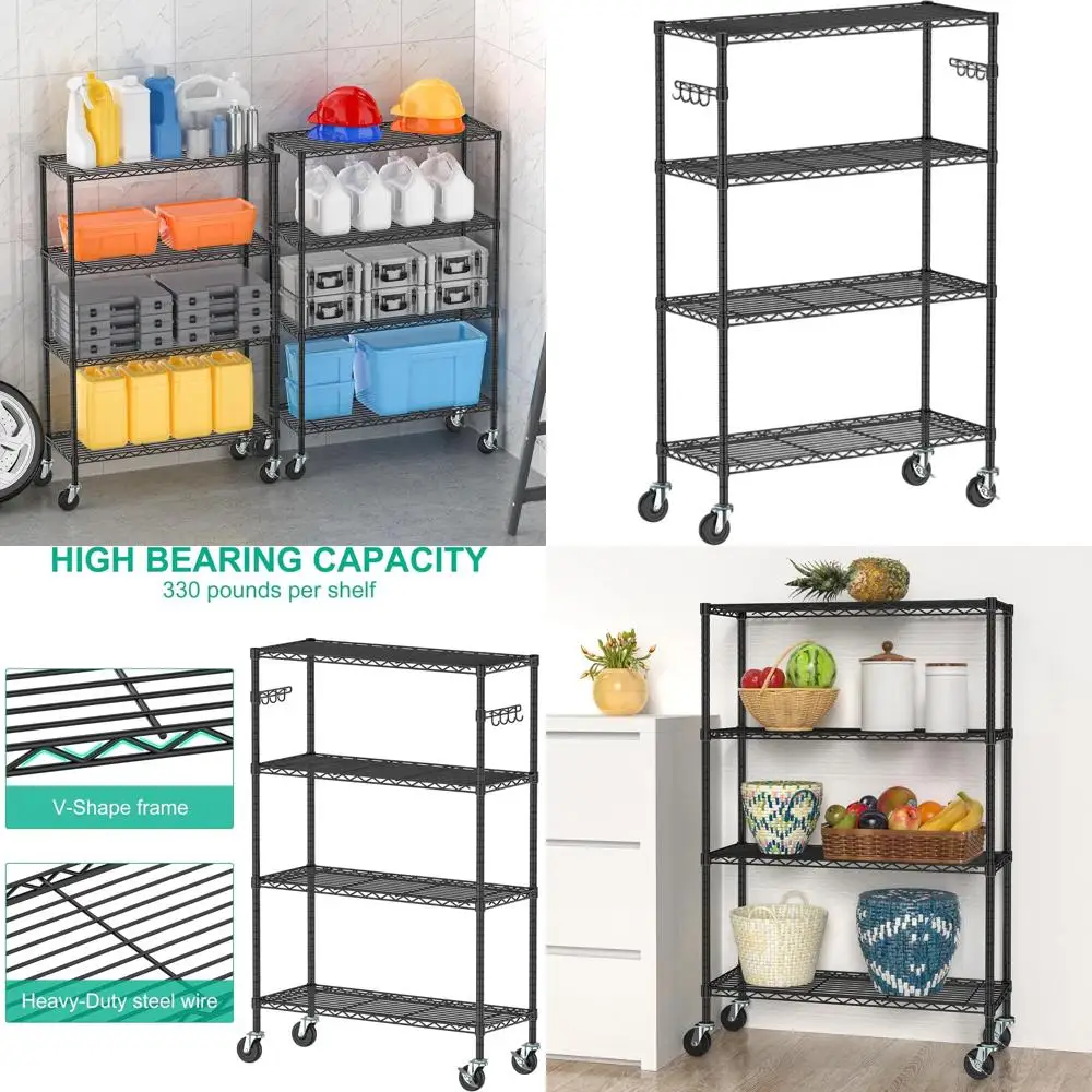 

Adjustable 4-Tier Metal Rolling Storage Shelf with Wheels, Ideal for Kitchen, Garage, Pantry, or Office, Black (14 x 36 x 57)