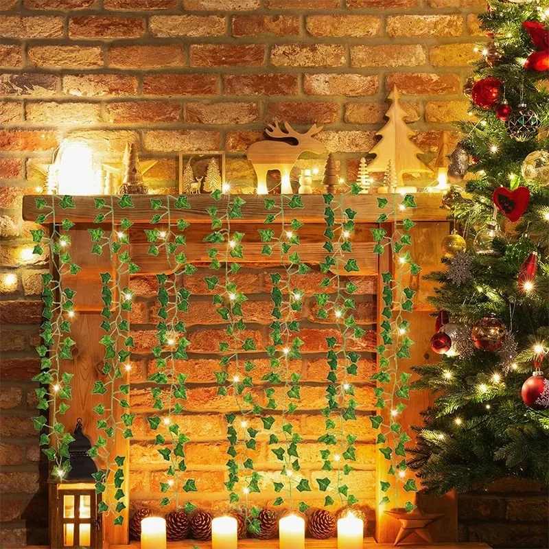 Grüner Efeu, 210 cm, LED-Lichterkette, Blatt, künstlicher Kranz, Hängepflanze, geeignet für Zimmer, Garten, Büro, Hochzeit, Wanddekoration – Detail 4