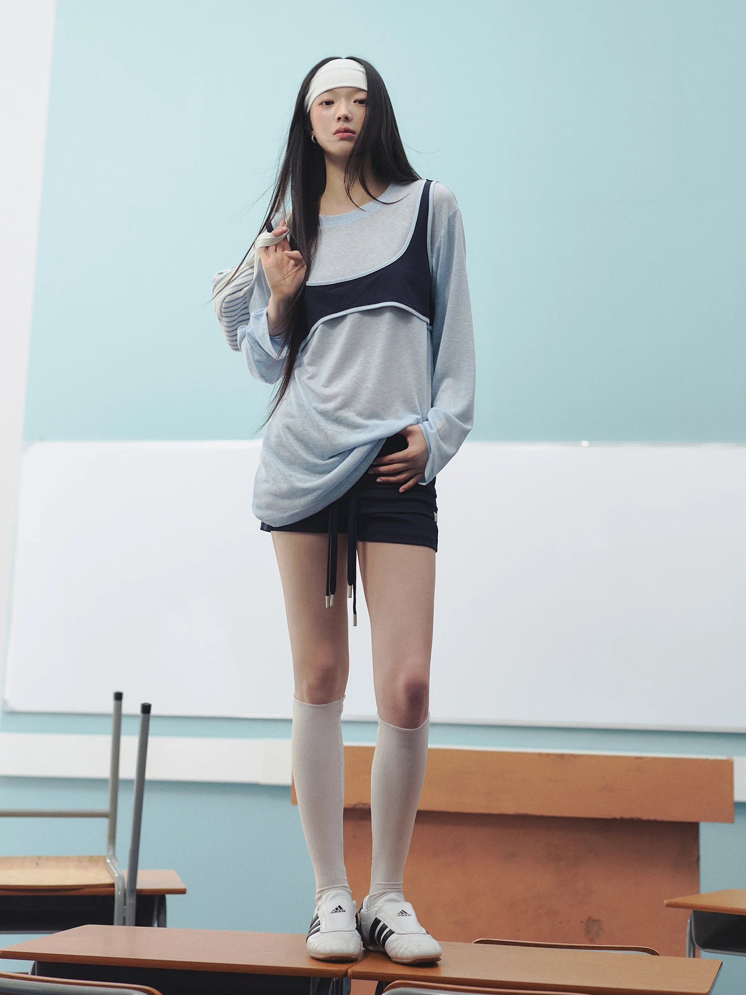 

LaluneDuCiel Silk Casual round Ne T-irt Women's Loose Fit Color Blo Top Fake Two-Piece Slimming Effect Korean Sle