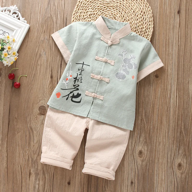 Jongen Meisje Nieuwe Chinese Stijl Bloemenprint Hanfu Kinderen Mooie Twee Stuk Broek Sets Korte Mouw Rollenspel Vintage knop Kostuum