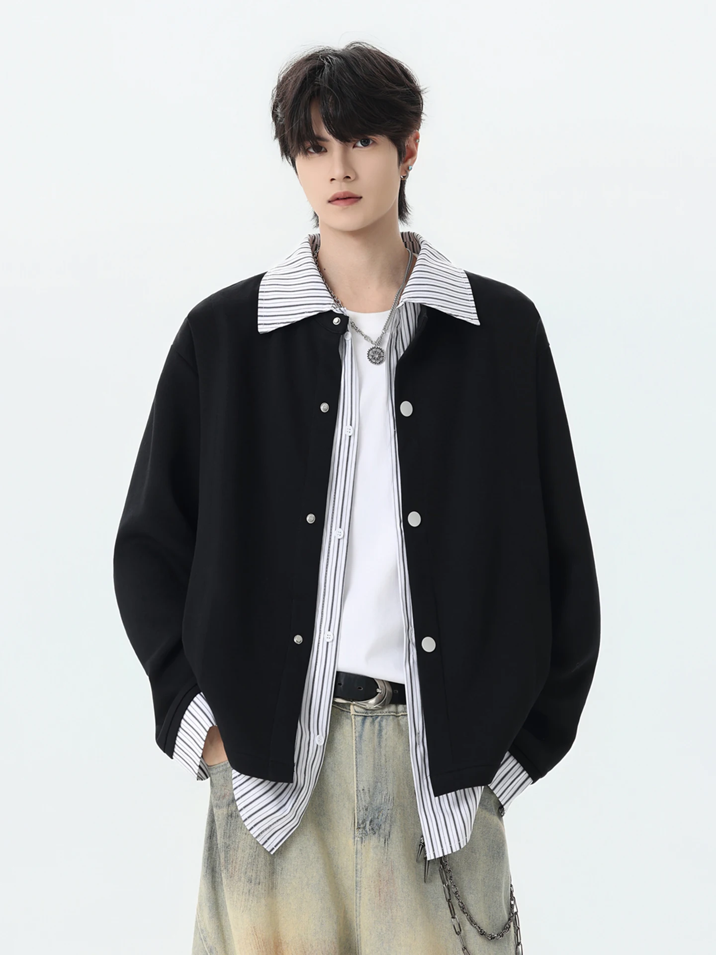 Cleanfit Men's Loose Fit Striped Patchwork Open Cardigan Sweatshirt Spring Autumn Design Casual Long Sleeve Button up Jacket