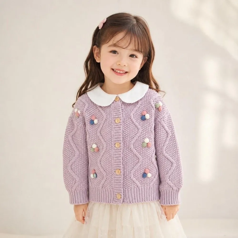 Fashion Sweet Knitted Sweater Warm Pom Pom Design Girls Coat Candy Color Knitted Cardigan Autumn