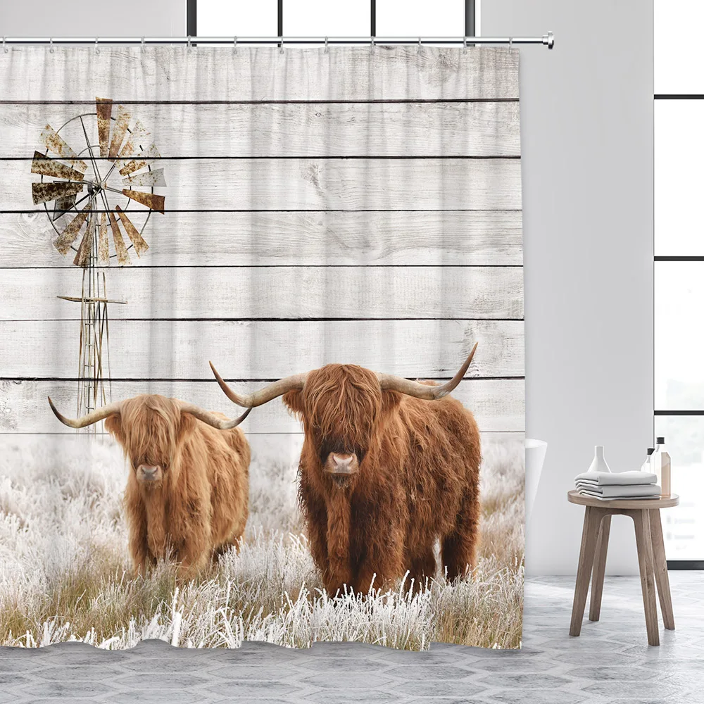 

Highland Cattle Shower Curtain Farmhouse Animal Wooden Fence Texas Cattle Western Rustic Polyester Fabric Curtain Bathroom Decor