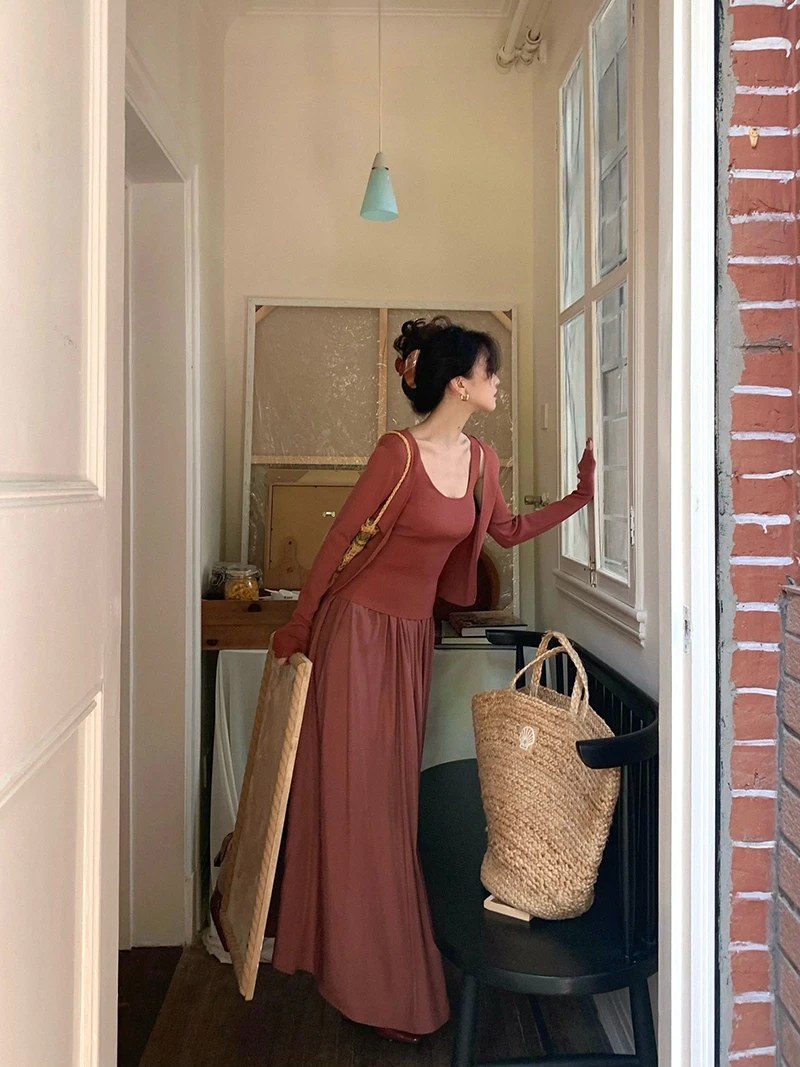 

Новый летний модный комплект из двух предметов: вязаный кардиган в стиле ретро и длинная юбка А-силуэта с высокой талией для женщин