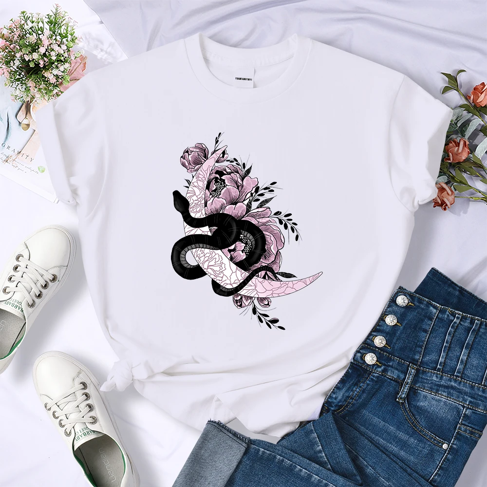 Moon And Snake Print Women T Shirts Breathable Loose T-Shirts Hip Hop Summer Clothes Fashion Quality Womens T-Shirt