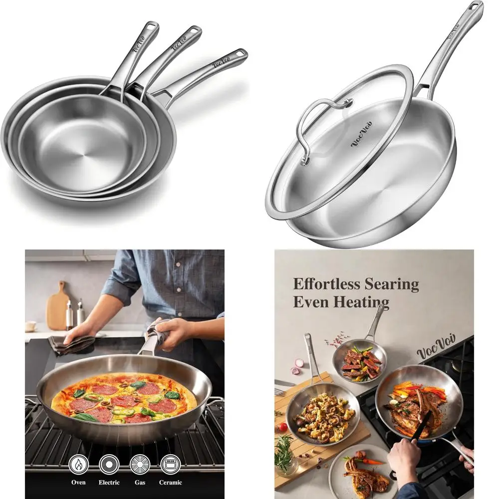 

Набор сковородок из нержавеющей стали — 8, 10 и 12-дюймовые навыки шеф-повара, без PFOA и PTFE, индукционная посуда для здорового использования