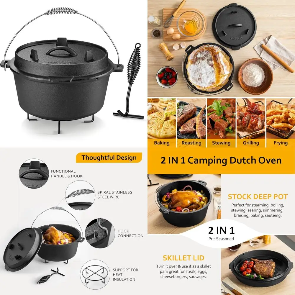 

Предварительно приправленная чугунная голландская духовка, 10-литровый походный горшок с крышкой, совместимый с духовкой и плитой, необходимое для приготовления пищи на открытом воздухе