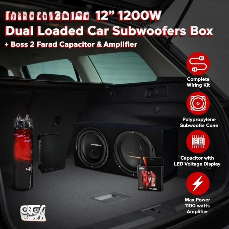 home.12 Inch 1200 Watt 4 Ohm Dual Loaded Car Audio Subwoofer Package with Sub Enclosure, 1100W Mono A/B Amplifier