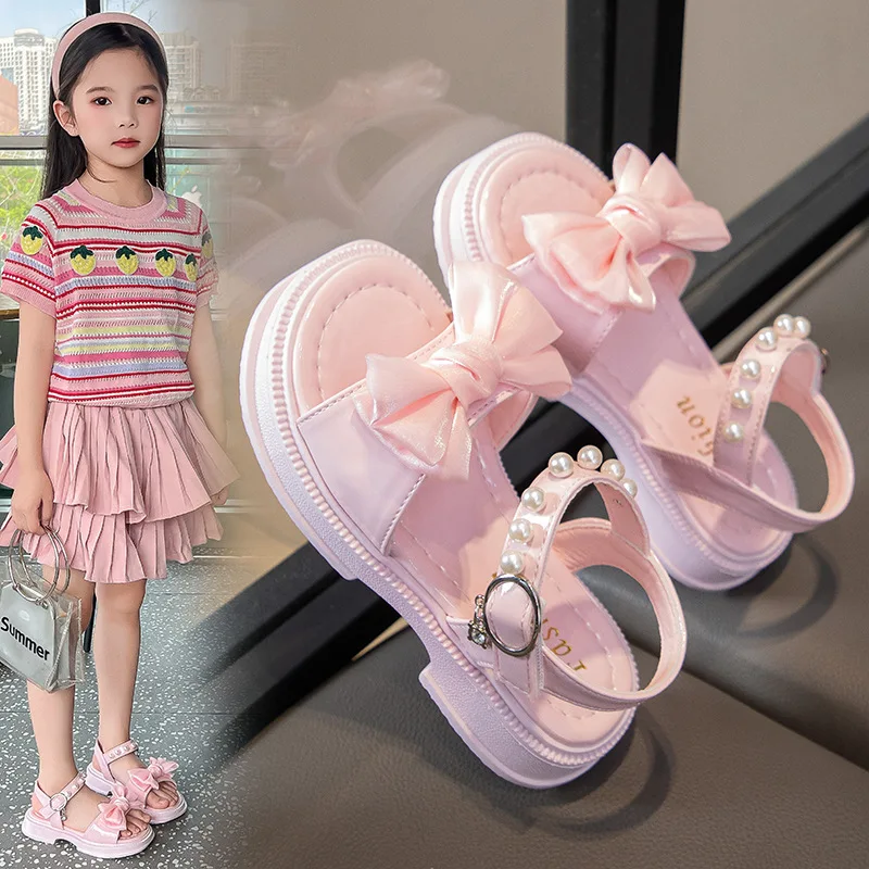 2026 Girls Sandals Kids Soft Soles Casual Princess Shoes New Water Diamond Beach Shoes Bow Shaped Girl Sandals
