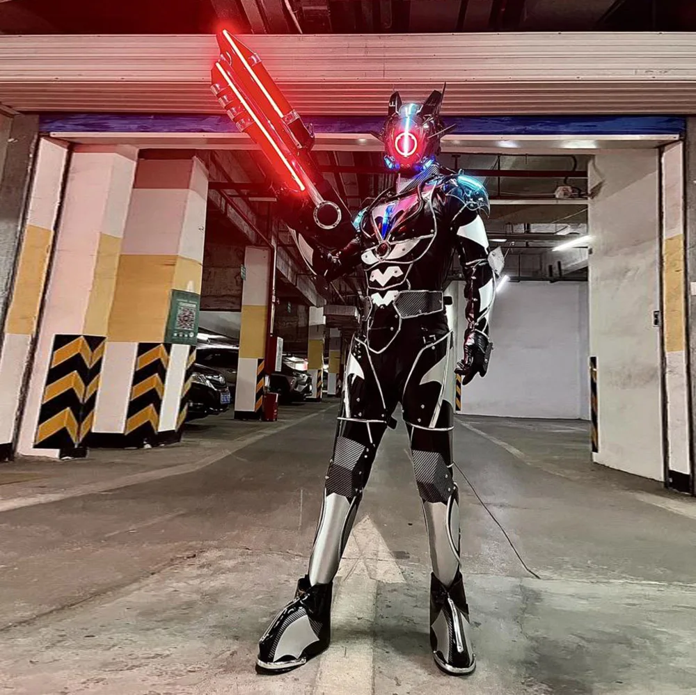 Cyberpunk Future Warrior LED Robot Mech Performance Costume Mechanical Armor Cosplay Suit with Bar Lighting