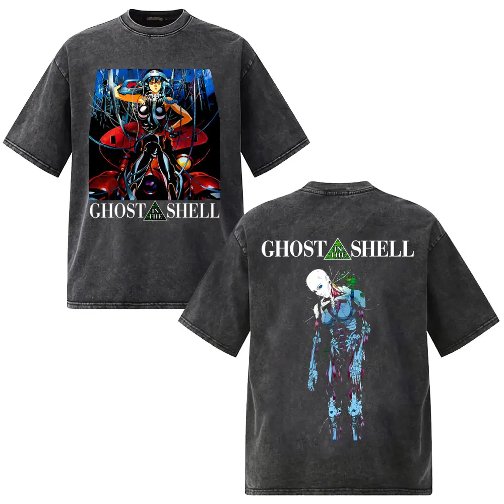 Washed Vintage Anime Ghost in The Shell T-shirt Manga Kusanagi Motoko Print T-shirts Men Women Retro Cartoon Oversized T Shirts