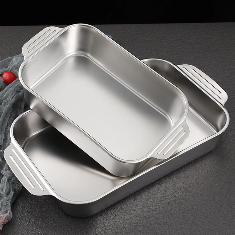 304 Stainless Steel Rectangular Baking Pan with Handle Non-stick Kitchen Fruit Bread Pastry Deepening Food Bake Tray Bakeware