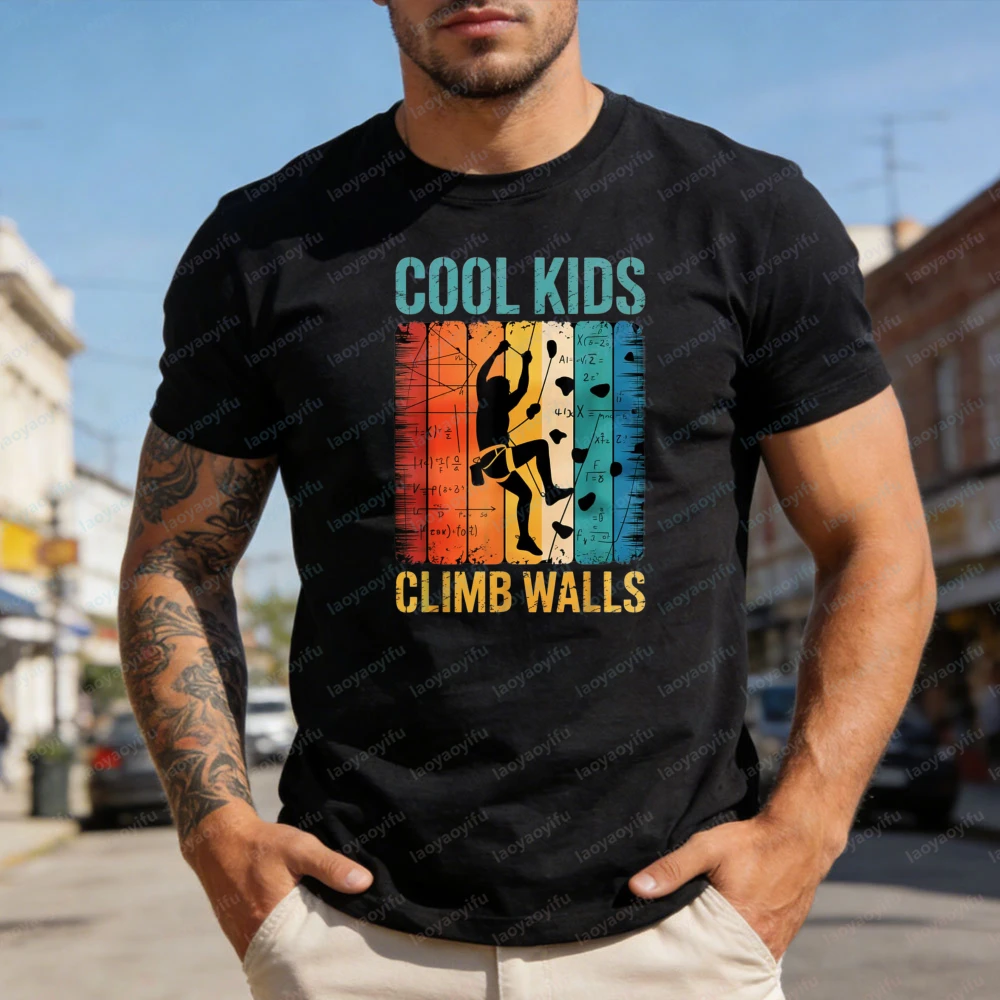 Cool Kids Climb Walls Vintage Rock Climbing Design Men T-Shirt Cotton Summer Casual Short Sleeve Fashion Outdoor Gift Tops