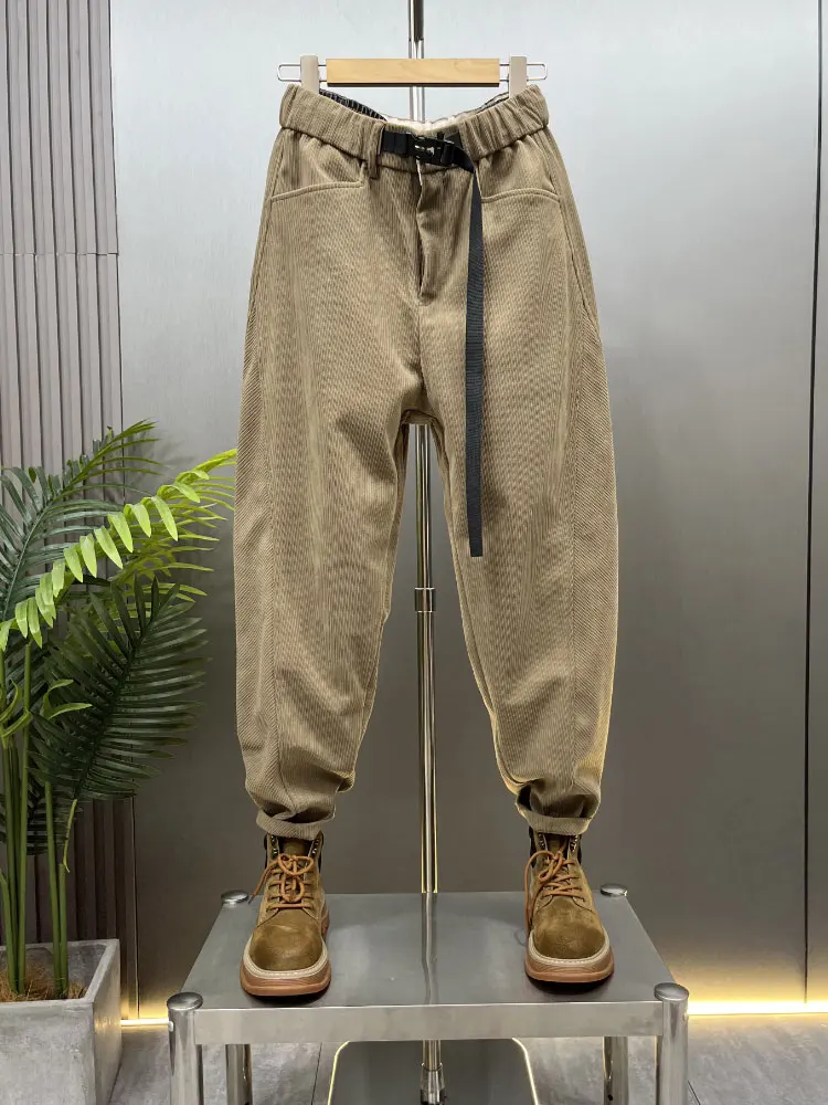 

Men's Casual Harlan Pants Autumn Winter New Faion Workwear Velvet Loose Haome Waist Belt Design Dad Pants Youth Vitali...