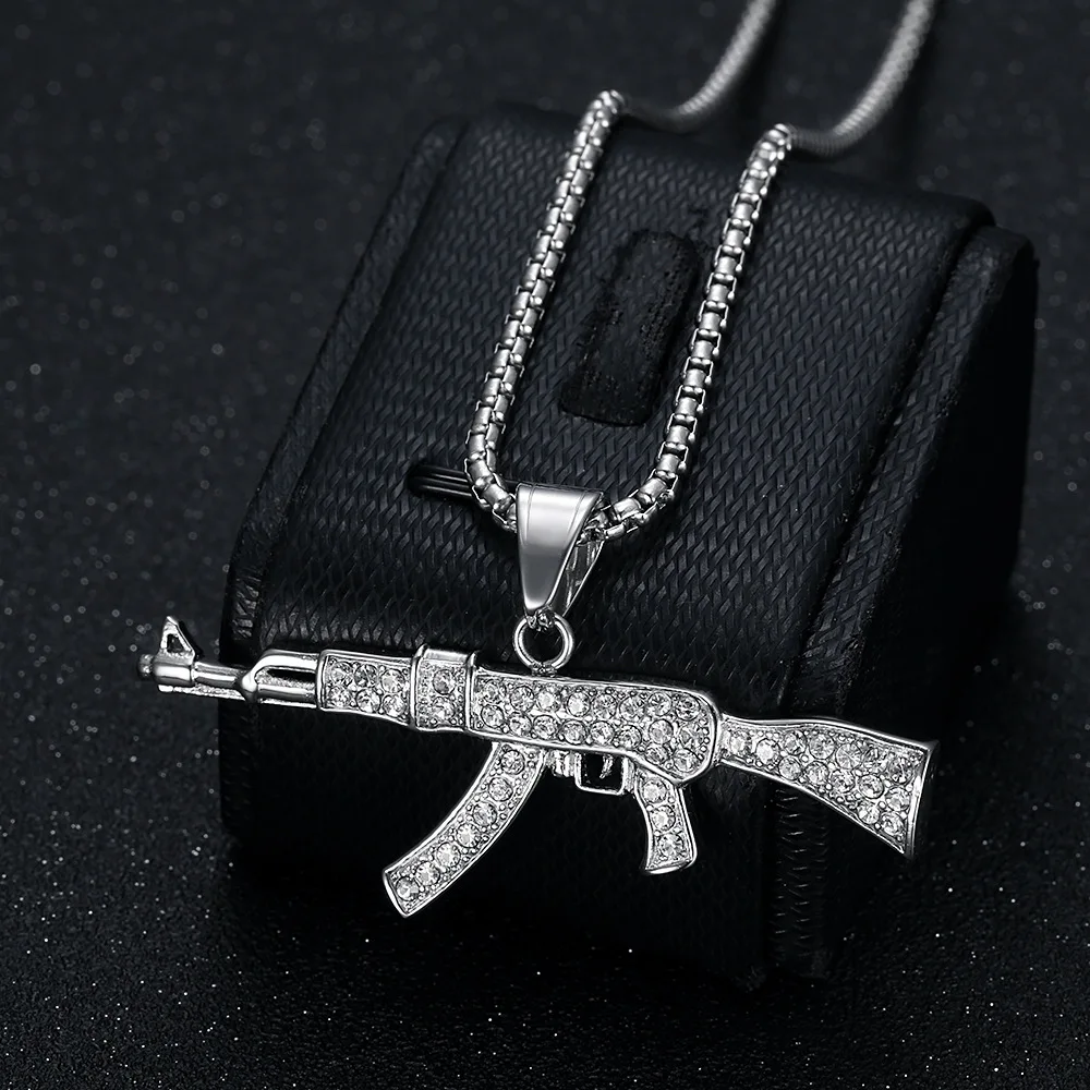 

European Iced Out Bling Zircon AK47 Gun Pendant Gold Color Stainless Steel Chain Military Necklace for Men Hip Hop Jewelry Gift