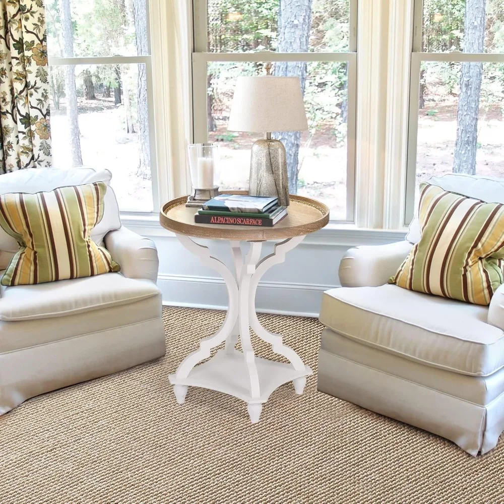 Round End Table, Rustic Side Table Nightstands for Living Room Bedroom, Wood Tray Top, Handcrafted Finish, Set of 2, White