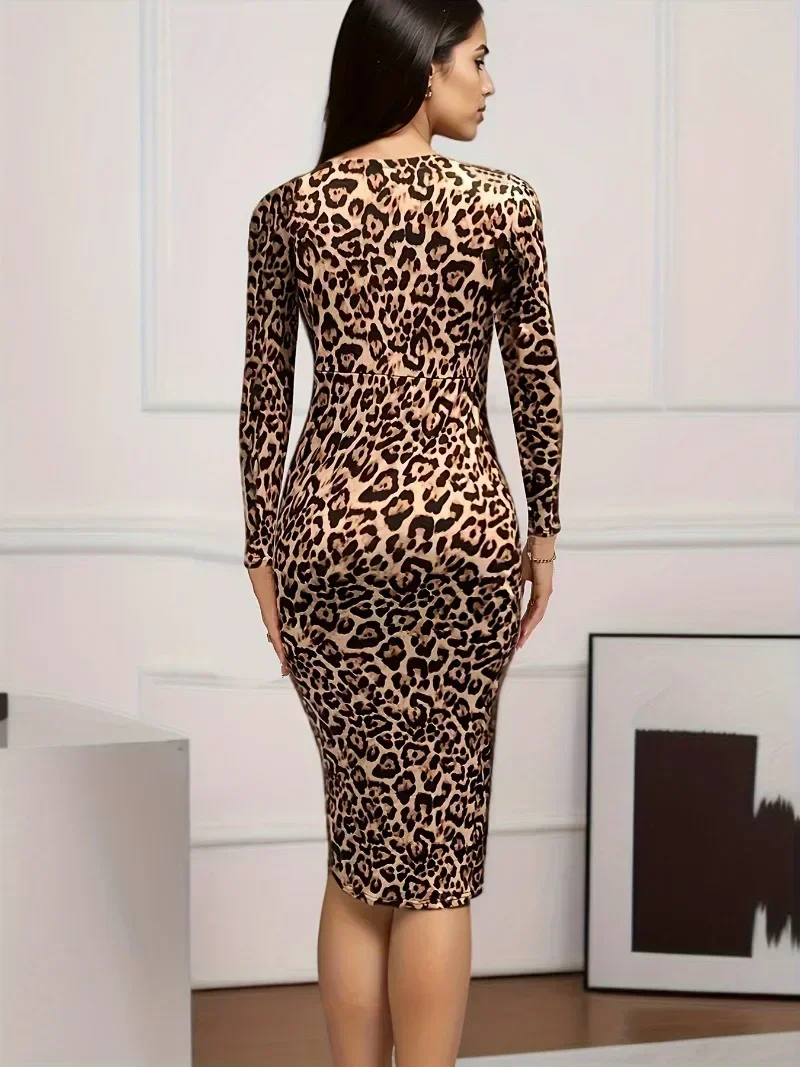 Women\'s Elegant Summer V-Neck Leopard Print Patchwork Collar Split Knee Length Dress Tight Fitting Dress