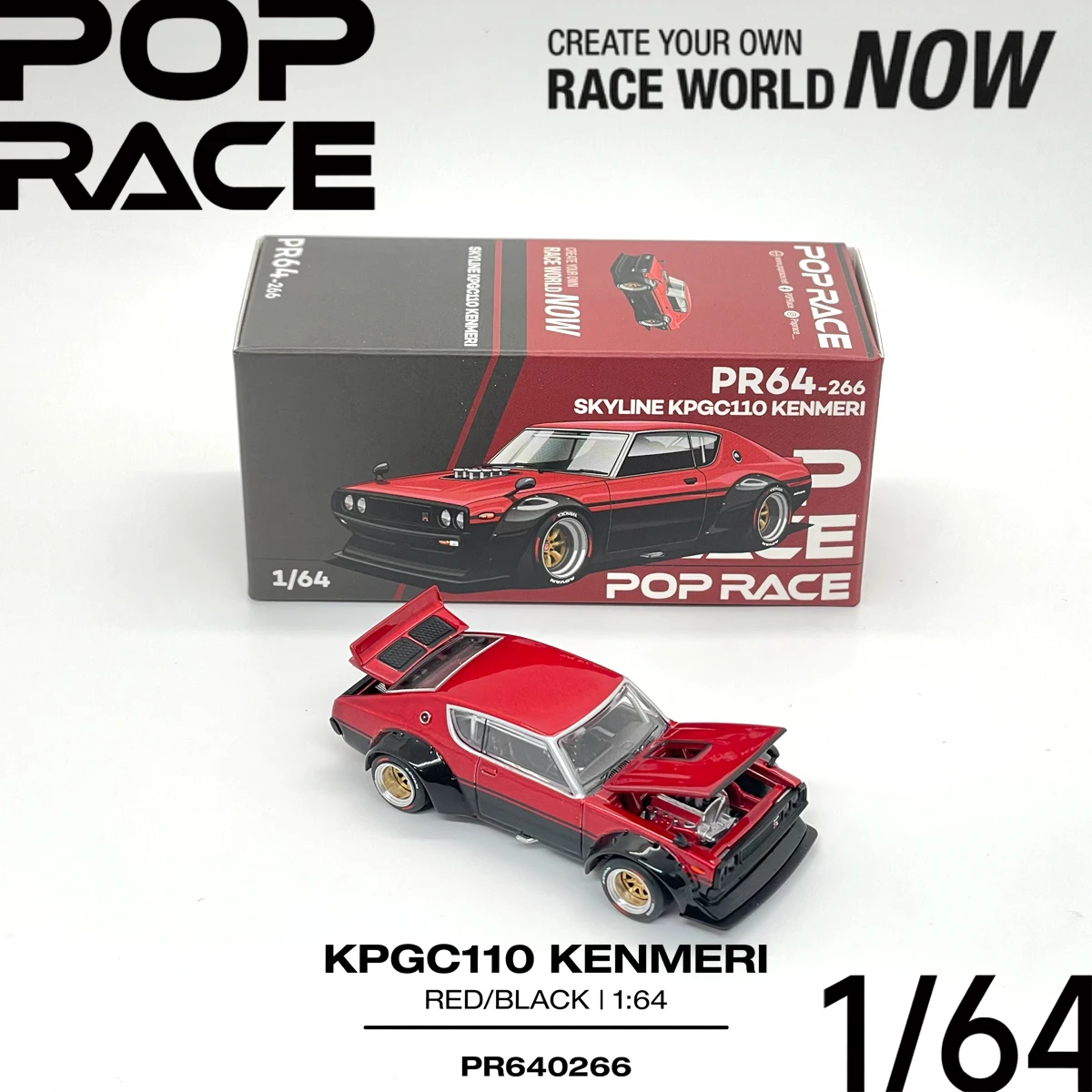 В наличии JDM Pop Race PR640266 1:64 KPGC110 Kenmeri Красно-черный Widebody с открытым отсеком двигателя, коллекционная модель автомобиля из сплава.