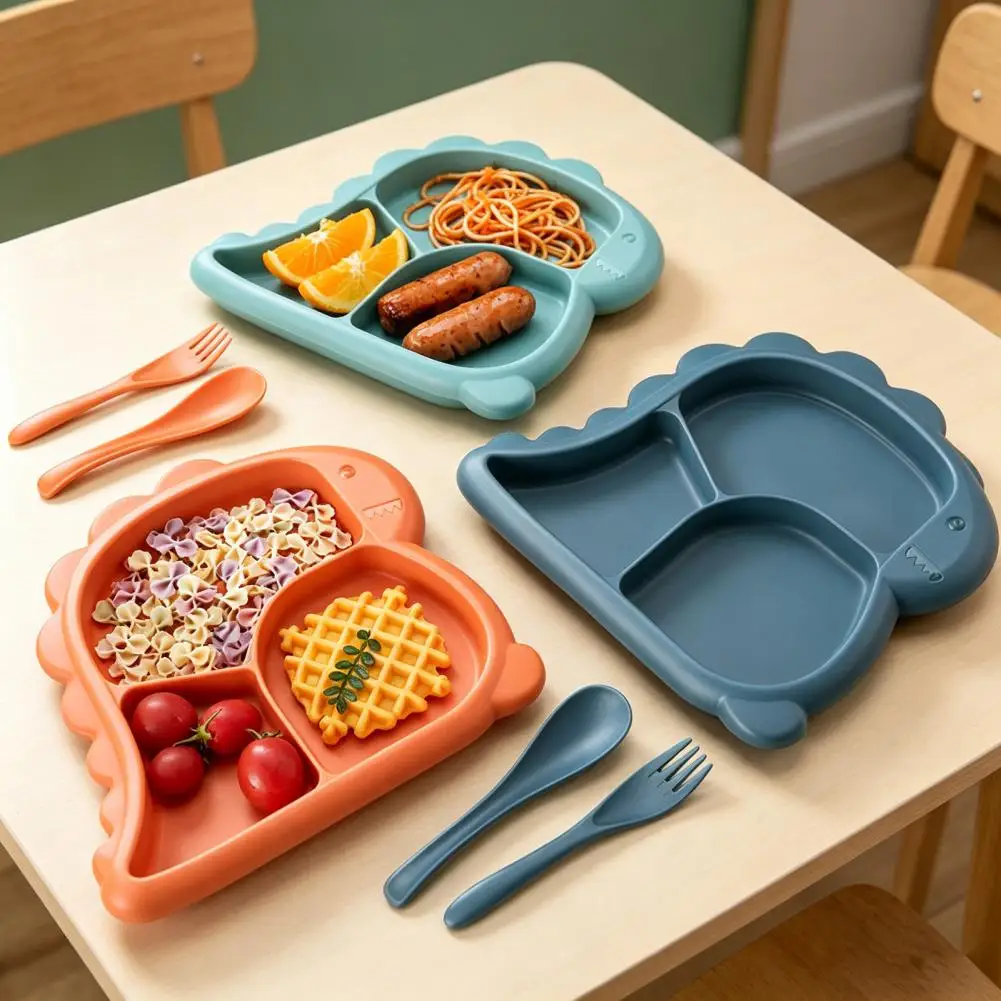 4Pcs Dinosaur Shaped Dinner Plate Set Divided Bowl Spoon Fork Baby Feeding Utensils Kids Tableware Gift