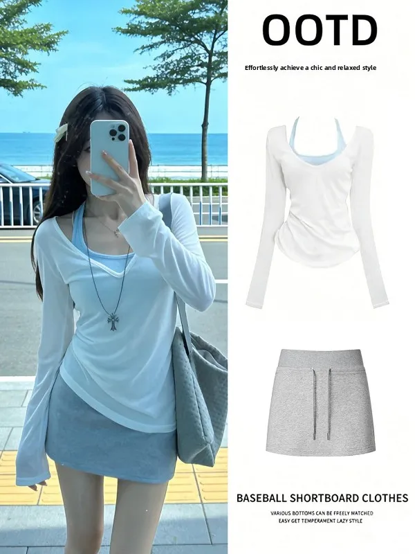 

Blue V-Neck Long Sleeve Vest Top Lazy Style Two-Piece Set Korean Chic Comfortable Breathable Summer Fashion Women's Outfit