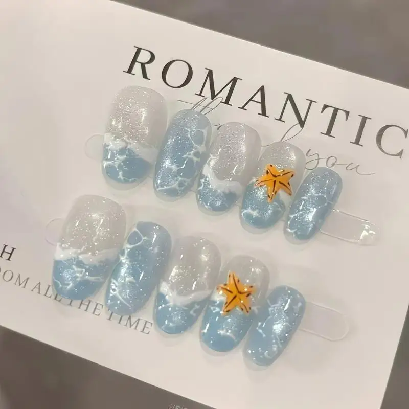 Handmade Press On Nails Summer Starfish Wave Ripple Design Full Cover Nail Tips Reusable for Travel Use