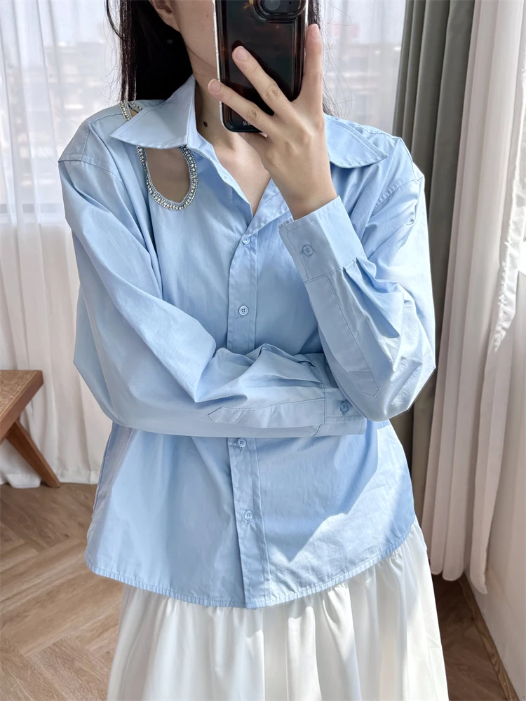 

Crop top Autumn set light blue long sleeved shirt top+patch pocket straight leg wide leg jeans women's hand sewn diamond S home