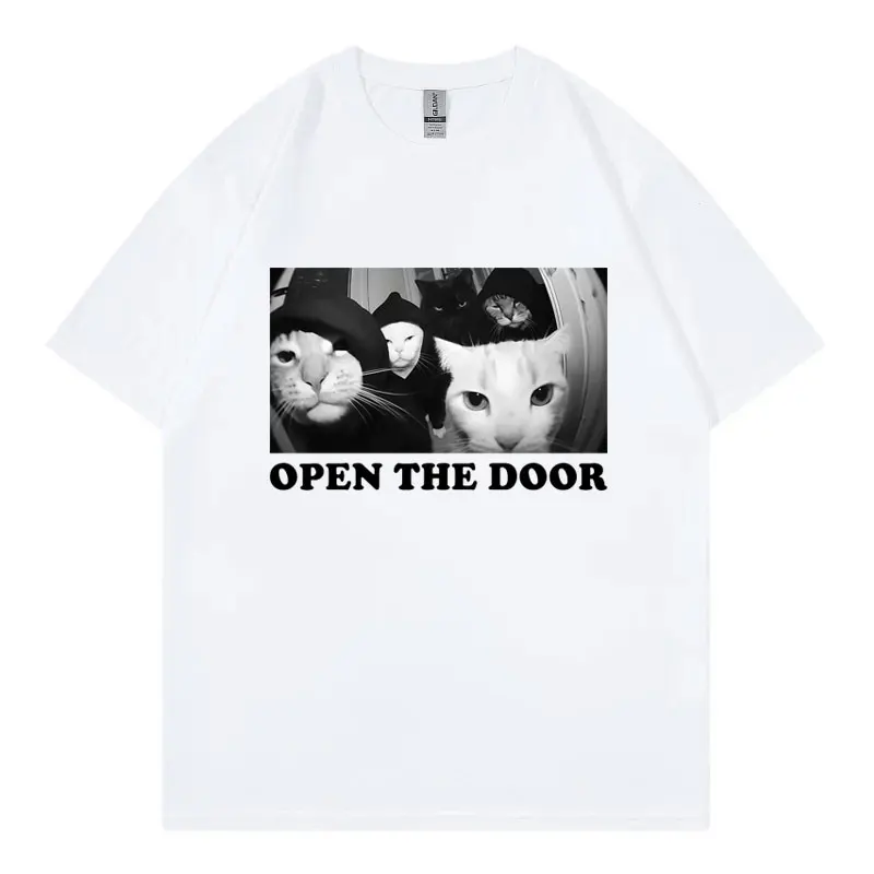 Open The Door Funny Cat Gang Meme T-shirt Men Women High Street Fashion Trend T Shirt Summer Casual Loose Short Sleeve T-shirts