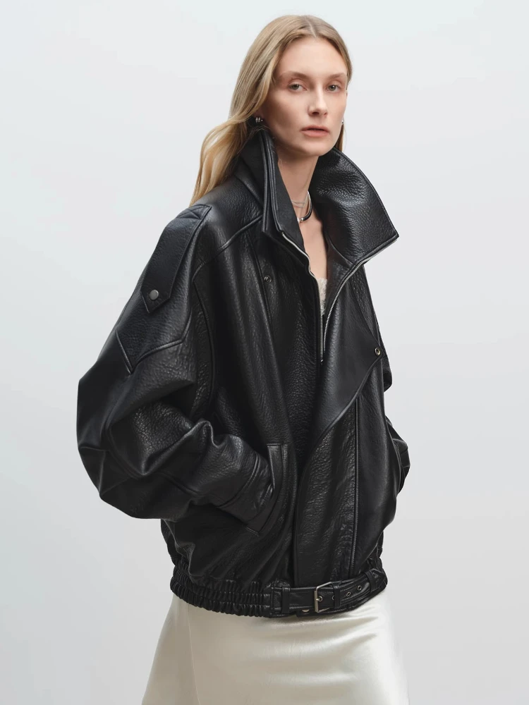 Oversize Genuine Leather Motorcycle Jacket for Women High-end Simple Double-layer Stand Collar Design Bubble Real Sheepskin Coat
